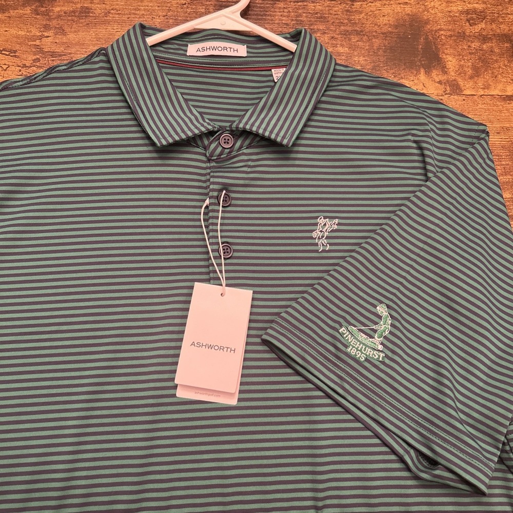 NWT Ashworth Pinehurst Golf Polo Men's 2XL Navy Green Stripe Performance Shirt